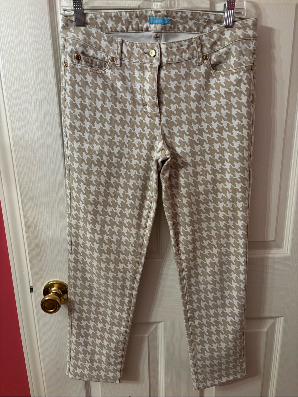 J. McLaughlin Beige and White Houndstooth Skinny Jeans SZ6 28 inseam excellent